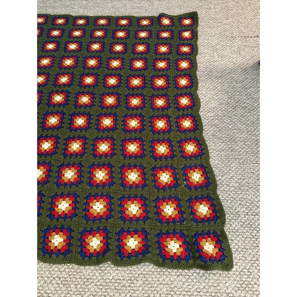 VTG 70s Afghan Hand Crocheted Granny Square Multi-Color Throw Blanket 60x47